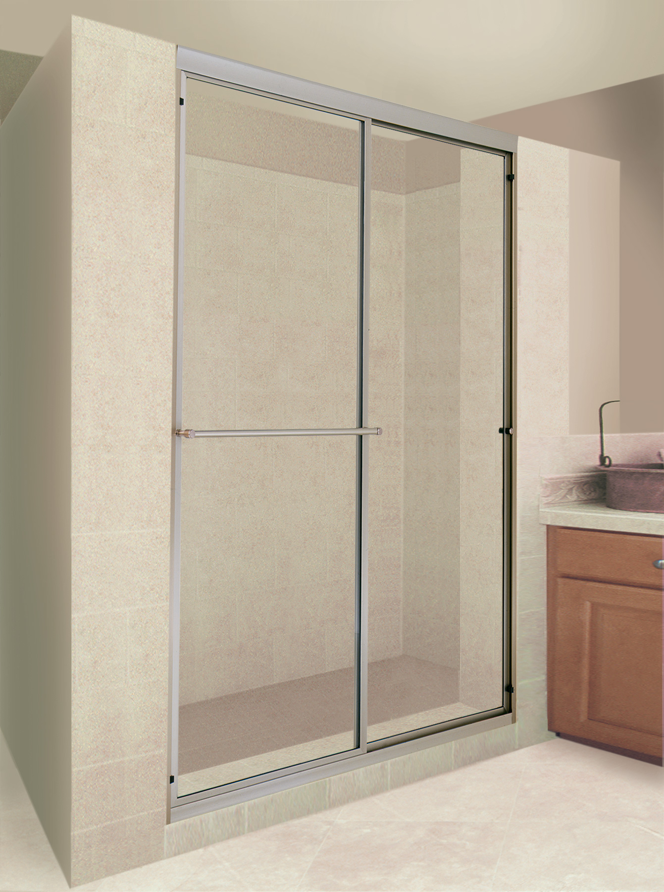Estate shower door 3/8" clear, tempered glass, brushed nickel hardware